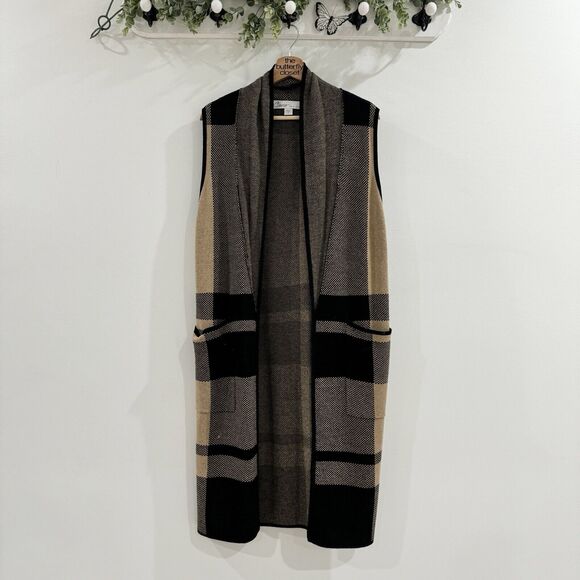 Curio Plaid Long Duster Cardigan Pockets Small Wool Blend - Picture 1 of 5